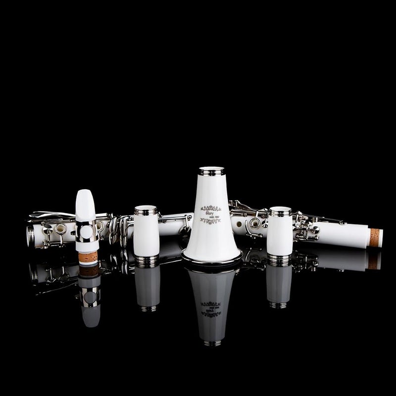Glory GLYCLAWH Professional Ebonite Bb Clarinet with 10 Reeds, Stand, Hard Case, Cleaning Cloth, Mouthpiece Brush and Pad Brush,White/Silver - Image 2